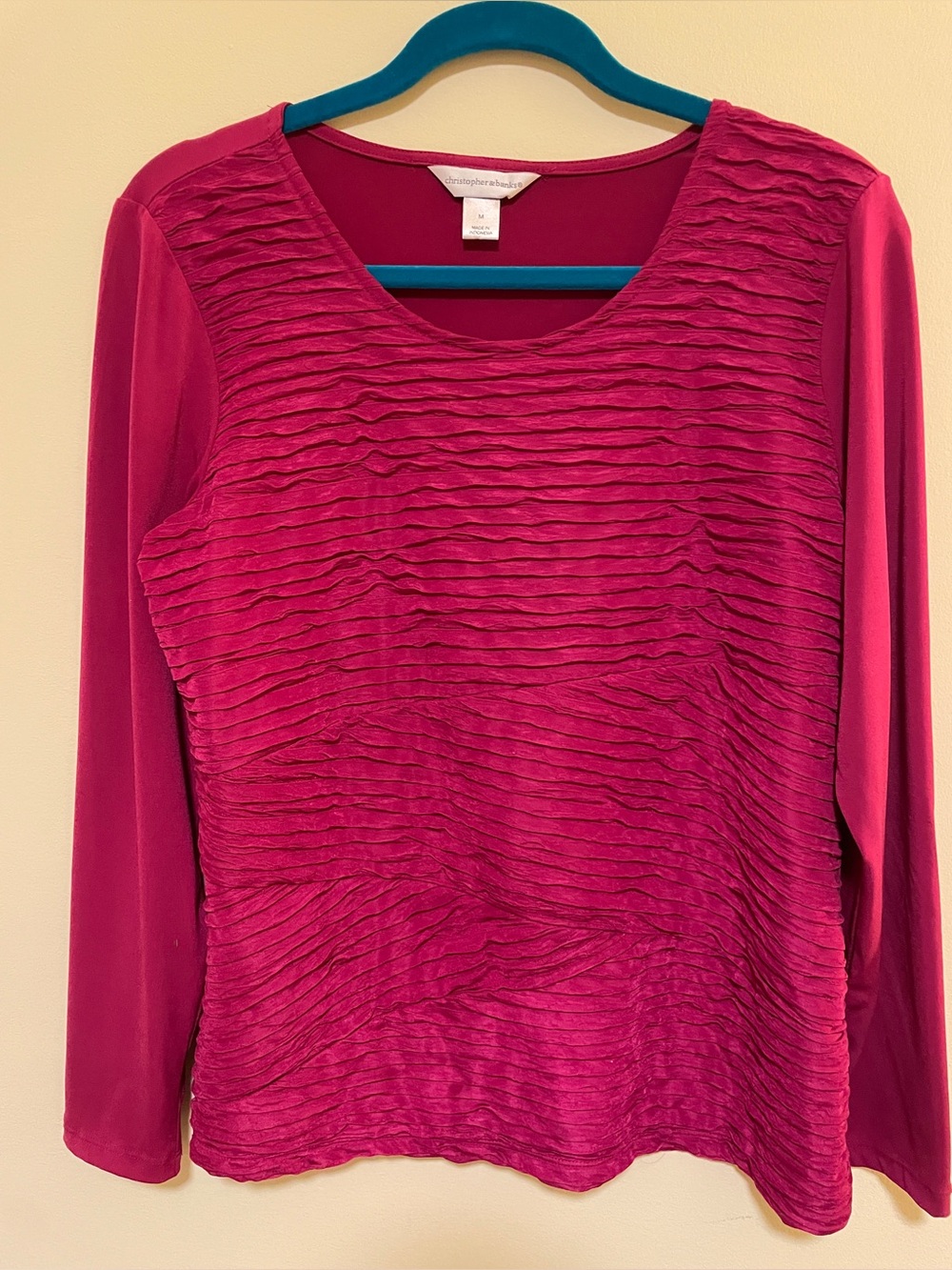 Christopher & Banks Magenta Long Sleeve Textured Scoop Neck Top
